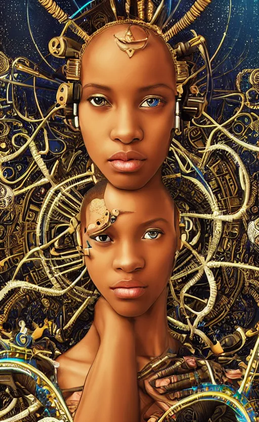 Image similar to beautiful mural of the young cyborg african girl, piercing glowing eyes, elegant, futuristic royal gown, detailed ornaments, striking composition, highly detailed ornate sci fi background, vogue poses, striking composition, highly detailed ornate sci fi background, vivid details, amalgamation of nature and technology, wires, glowing tubes, beautiful composition, mural in the style of sandro botticelli, caravaggio, albrecth durer, 8k