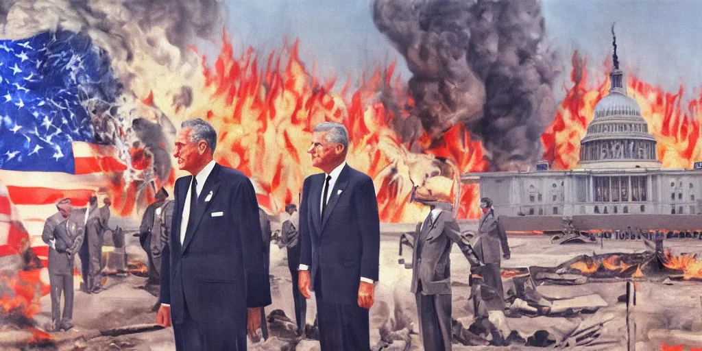 Image similar to United States President viewing the Capital Burn, 1958, Oil on Canvas, Antiwar, full body, dramatic, surreal, digital art