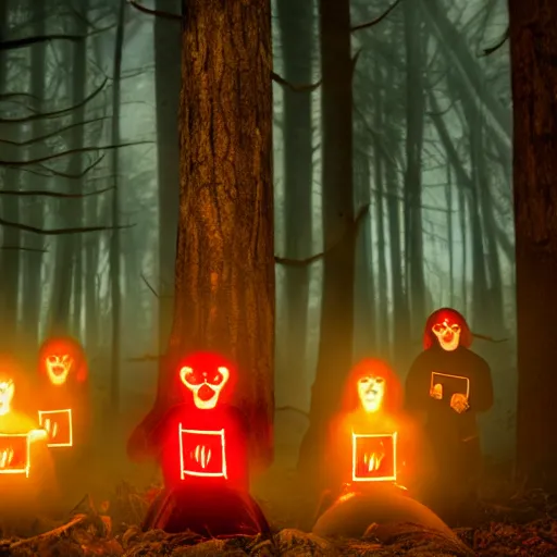 Prompt: a cult of aliens with glowing red eyes performing a séance in a haunted forest