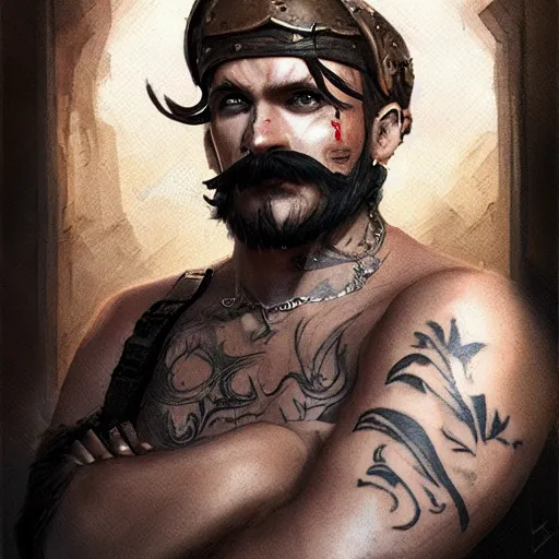 Image similar to portrait barbarian with face tattoo and trucker mustache, 8 k, trending on art station, by tooth wu and greg rutkowski