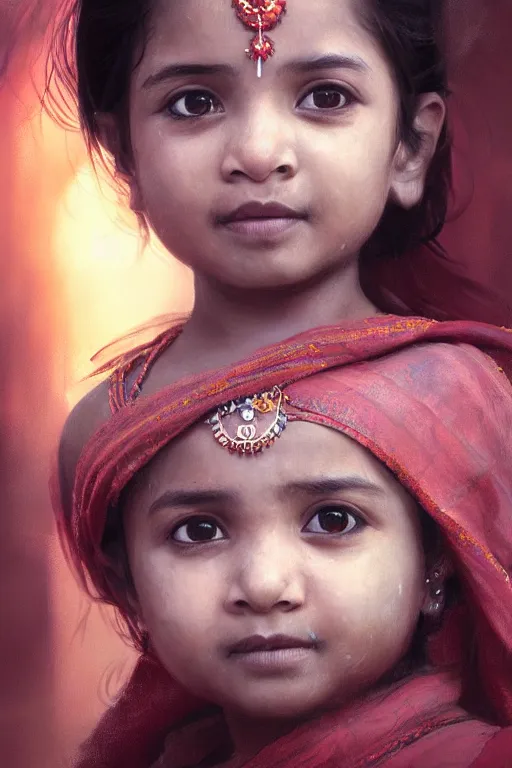 Image similar to hindu little girl, joyful, close - up portrait, intricate, elegant, volumetric lighting, scenery, digital painting, highly detailed, artstation, sharp focus, illustration, concept art, ruan jia, steve mccurry