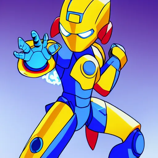 Image similar to mega man's kid sister. iron man, cyberpunk, anime, no helmet, long blue hair on her head, gold armor