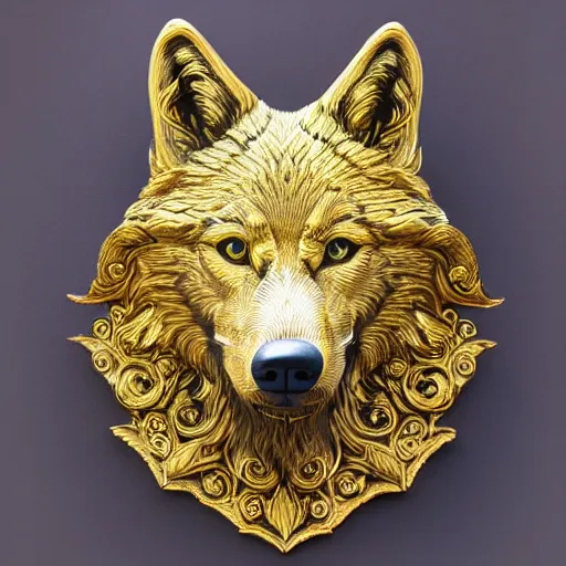 Image similar to gorgeous wolf statue portrait with gold filigree