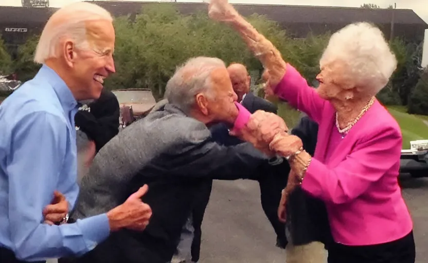 Prompt: low quality footage of joe biden slapping my grandma in the face, back camera, walmart parking lot, camera flash is so bright, uncomfortable, viral, leaked footage, viral on twitter, viral on instagram, viral photo