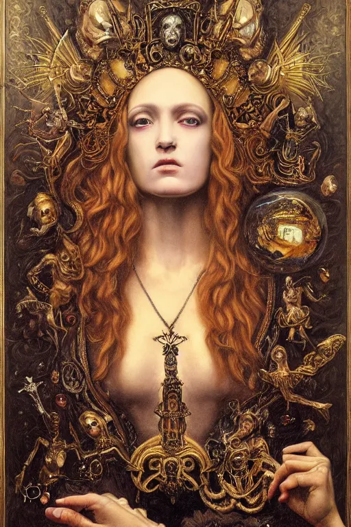 Image similar to hyper realistic painting portrait of madness queen, occult diagram, elaborate details, detailed face, intrincate ornaments, gold decoration, occult art, oil painting, art noveau, in the style of roberto ferri, gustav moreau, jean delville, bussiere, andrew gonzalez