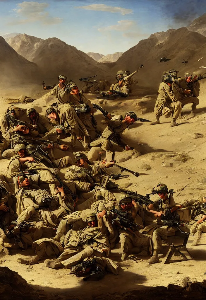 Image similar to afghanistan war portrait by jacques - louis david, desert, us army, battlefield, helicopters firing, humvee, tanks, bombs explosions