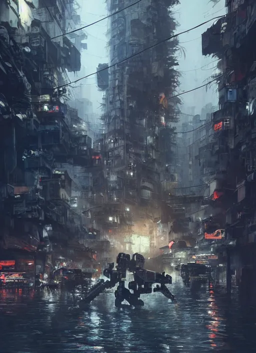 Image similar to dramatic Photorealistic, Matte Painting of a gigantic tall Mobile suit Mech almost filling up a busy post apocalyptic deep flooded Hong Kong city street at night,dark Tall buildings by Greg Rutkowski,Craig Mullins,Hyperrealism,Beautiful dramatic moody lighting,Cinematic Atmosphere,volumetric,Octane Rendering,8K