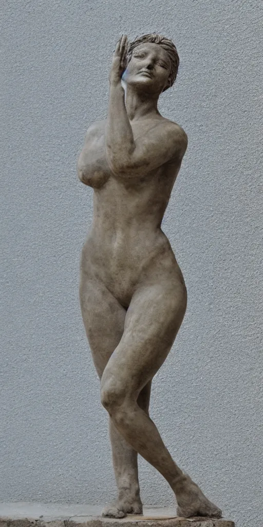 Image similar to detailed photo of old concrete patina statue of most famous woman, full body portrait, various bending poses, photorealism, intricate detail, museum diffuse lighting