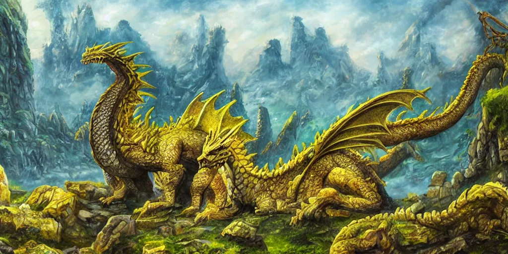 Image similar to Giant dragon rests on top of ancient ruins, realistic dragon scales, full length dragon, columns, distant waterfall, distant mountains, ancient ruin, overgrown, blue green yellow colors, detailed oil painting