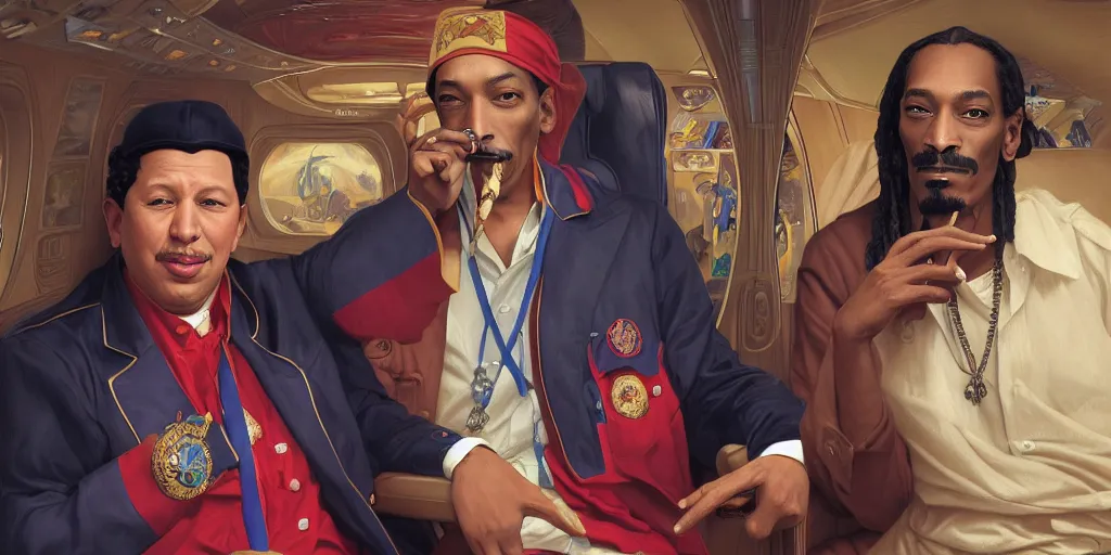 Image similar to hugo chavez and snoop dog inside a private jet, smoking, intricate, elegant, highly detailed, digital painting, artstation, concept art, smooth, sharp focus, illustration, art by artgerm and greg rutkowski and alphonse mucha and william - adolphe bouguereau