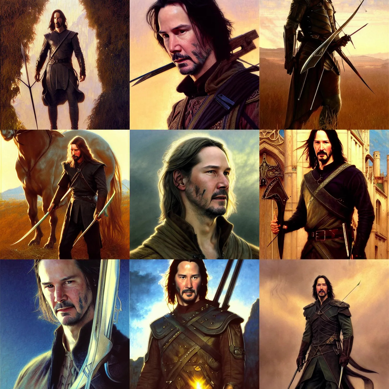 Prompt: ((Keanu reeves)) as (Legolas) by Alan Lee, (golden hour), concept art, crossbow, detailed clothing, art station, oil painting, art by artgerm and greg rutkowski and alphonse mucha