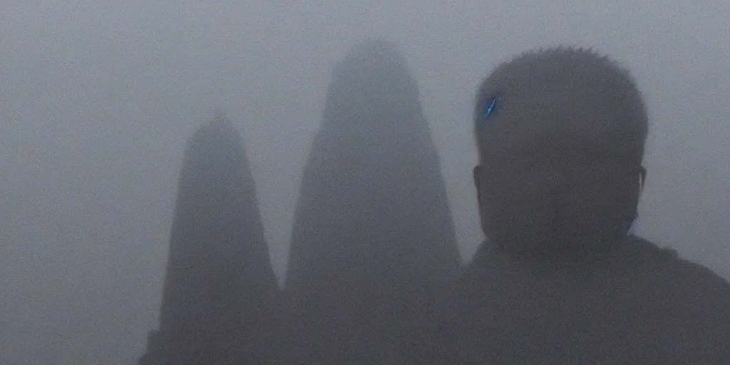 Image similar to kim jong - il silhouette, pyongyang, fog, in the style of ghost in the shell by mamoru oshii