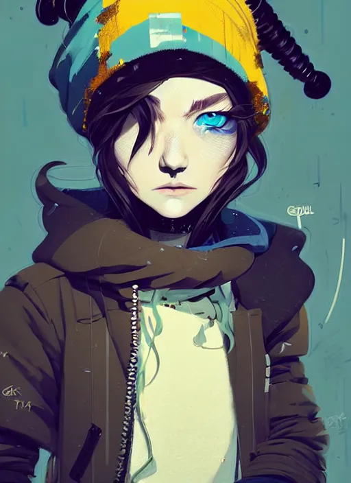 Image similar to highly detailed portrait of a sewer punk lady student, blue eyes, tartan hoody, hat, white hair by atey ghailan, by greg rutkowski, by greg tocchini, by james gilleard, by kaethe butcher, gradient yellow, black, brown and cyan color scheme, grunge aesthetic!!! ( ( graffiti tag wall ) )