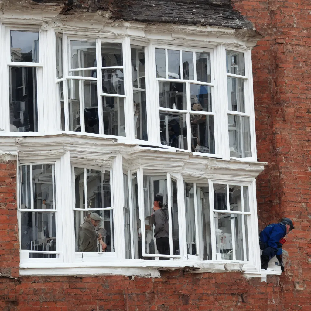 Image similar to many builders inspecting and discussing sash window