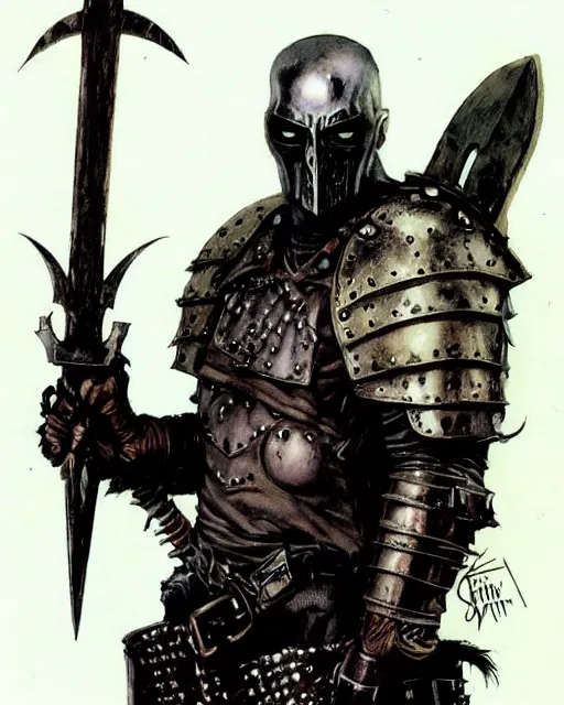 Image similar to portrait of a skinny punk goth wilford brimley wearing armor by simon bisley, john blance, frank frazetta, fantasy, thief warrior