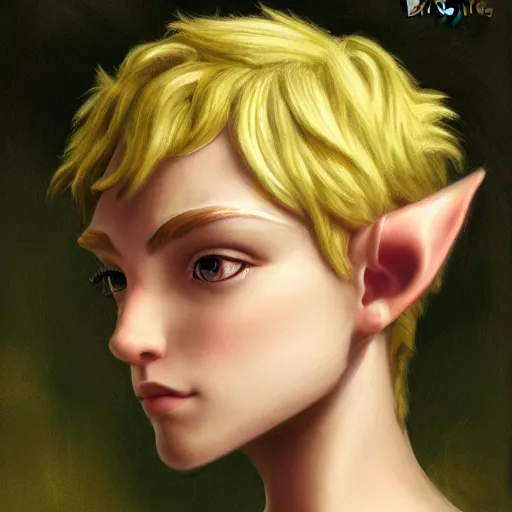 Prompt: close up headshot of a fantasy elf with short blonde hair, small ears and a strong jawline, 3/4 profile, character art, concept art, painting by Edward Robert Hughes