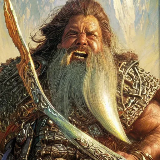 Prompt: art by donato giancola and bayard wu and gustav moreau and wayne barlowe, portrait, a fantasy cinematic close up shot of a dwarf berserker, warhammer, dnd, last stand