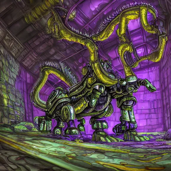 Image similar to detailed shot inside a cavernous living stomach of a giant mecha dragon, the walls purple and pulsing, slimy and hot, lots of acid pooling up on the floor, digesting a bunch humans that ended up inside, food pov, micro pov, vore, digital art, furry art, high quality, 8k 3D realistic, macro art, micro art, Furaffinity, Deviantart, Eka's Portal, G6