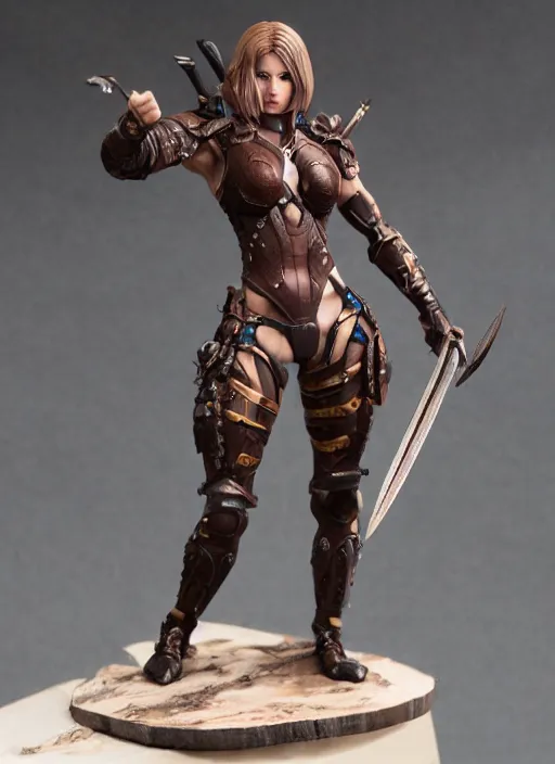 Prompt: 80mm resin detailed miniature of a beautiful muscular female, clothed in worrier armor, brown skin, short dark hair, beautiful bone structure, symmetrical facial features, Product Introduction Photos, 4K, Full body