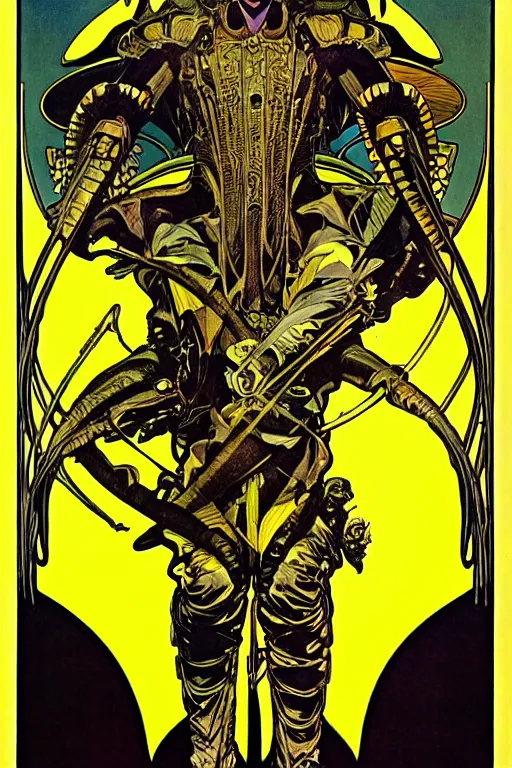 Prompt: black and yellow technicolor color risoprint, alphonse mucha, richard corben, wayne barlowe, moebius, heavy metal comic cover art, psychedelic triangular lich in heavy shoulders armor, very intricate, thick outline, full body, symmetrical face, long black crown, in a shapes background, galactic dark colors