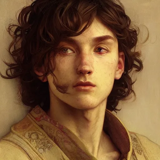 Prompt: Portrait of handsome peasant boy, cinematic lighting, intricate, rugged, highly detailed, digital painting, artstation, smooth, sharp focus, illustration, art by artgerm and greg rutkowski and alphonse mucha and Wayne Barlowe and william-adolphe bouguereau