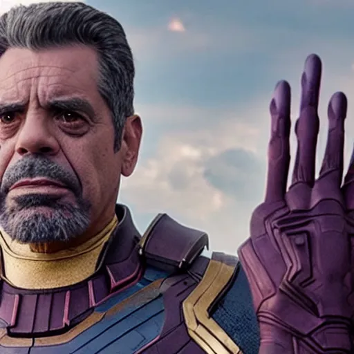 Prompt: film realistic still Eugenio Derbez as Thanos in Avengers Endgame