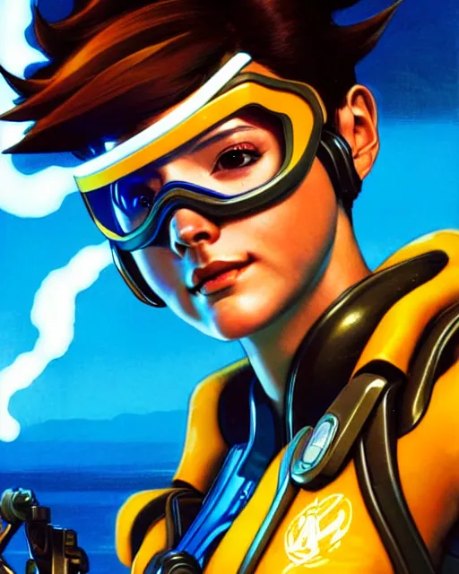 Image similar to tracer from overwatch, character portrait, portrait, close up, concept art, intricate details, highly detailed, vintage sci - fi poster, retro future, in the style of chris foss, rodger dean, moebius, michael whelan, and gustave dore