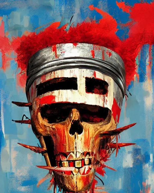 Prompt: of a skeleton with tiki mask and viking helmet and red fiery eyes inspired by basquiat, art by greg rutkowski