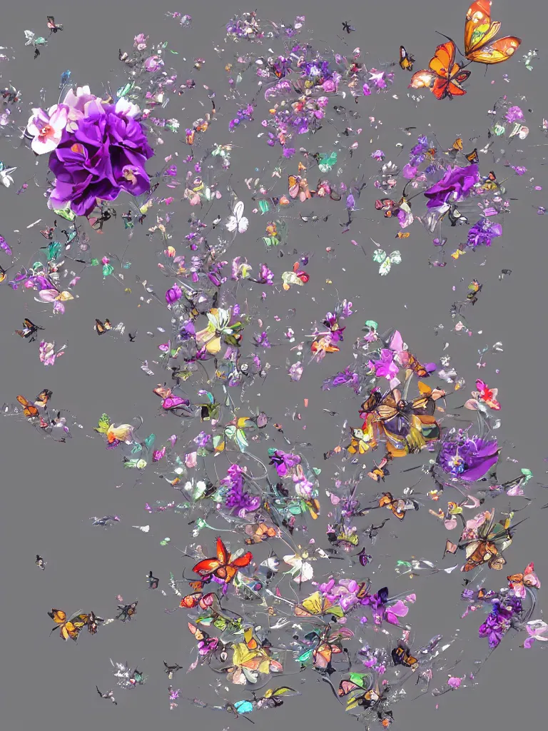 Prompt: Futuristic digital art of a bouquet of flowers, robotic butterflies flying around it, trending on artstation