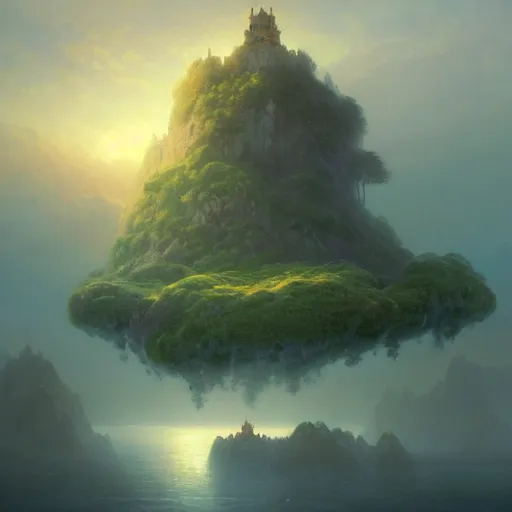 Image similar to ''cinematic shot'' of a floating small island with big castle on top of it made of vegetation made by ivan aivazovsky, peter mohrbacher, greg rutkowski volumetric light effect broad light oil painting painting fantasy art style sci - fi art style realism premium prints available artwork unreal engine