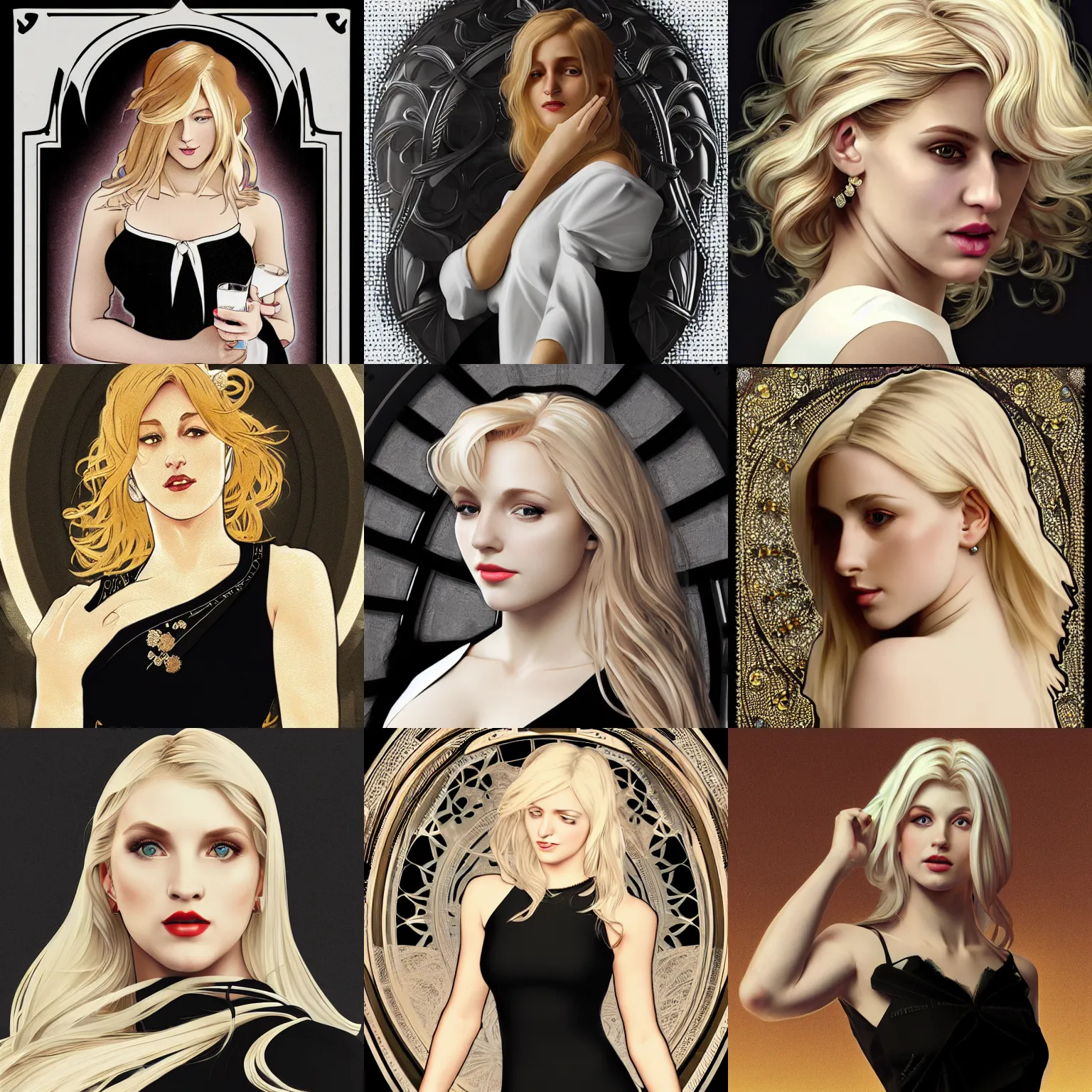 Prompt: beautiful white woman with blond hair in a black cutout dress with white trim, as seen on artgerm, octane render, in the style of alphonse mucha, ultra realistic, highly detailed, 8 k