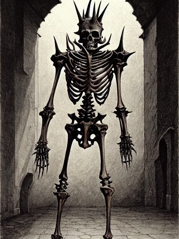 Prompt: A spiked horned detailed semiork-semihuman skeleton with armored joints stands in the cavernous corridors of the palace with a pebble in hands and toes. Wearing massive shoulderplates. Extremely high details, realistic, fantasy art, solo, masterpiece, bones, ripped flesh, art by Zdzisław Beksiński, Arthur Rackham, Dariusz Zawadzki, Harry Clarke
