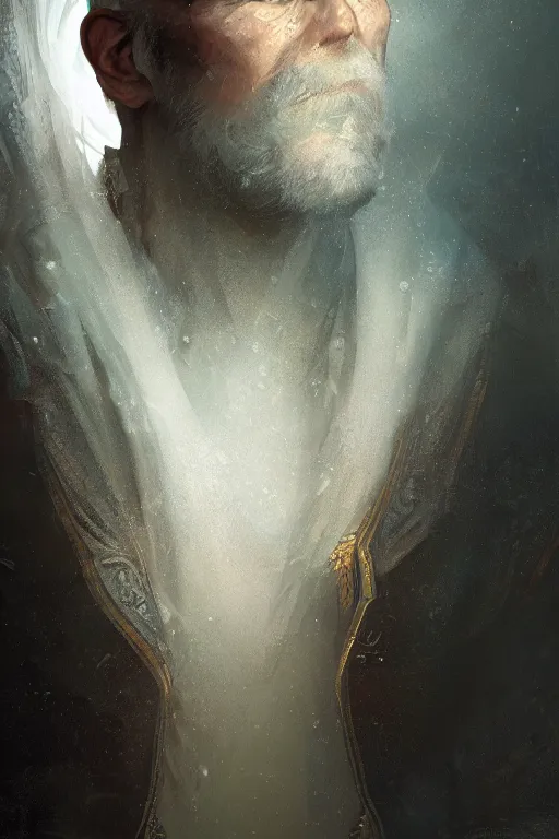 Image similar to Atlantis priest, close-up portrait, devoted, intricate, elegant, volumetric lighting, scenery, digital painting, highly detailed, artstation, sharp focus, illustration, concept art,ruan jia, steve mccurry