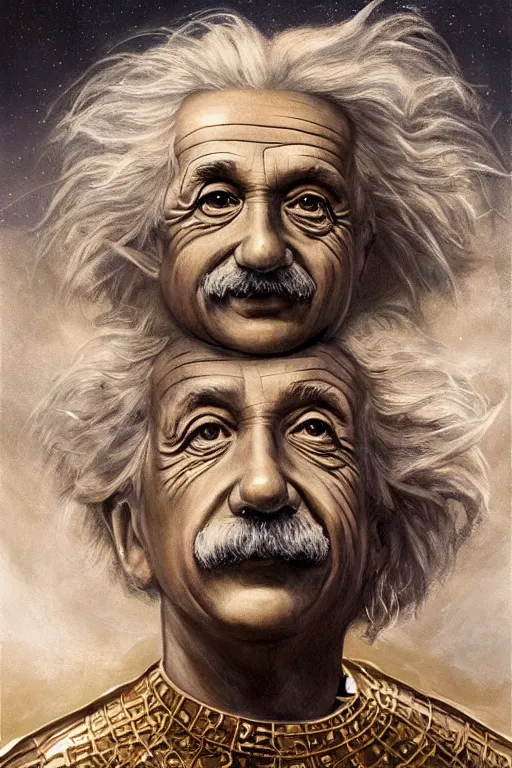 Prompt: breathtakingly beautiful painting of albert einstein in gold armor, thinking about equations, moonlit sky, matte painting by brian froud, shaun tan, wlo and peter mohrbacher, highly detailed, intricate,, award winning artwork, trending on artstation, high quality printing, fine art with subtle redshift rendering