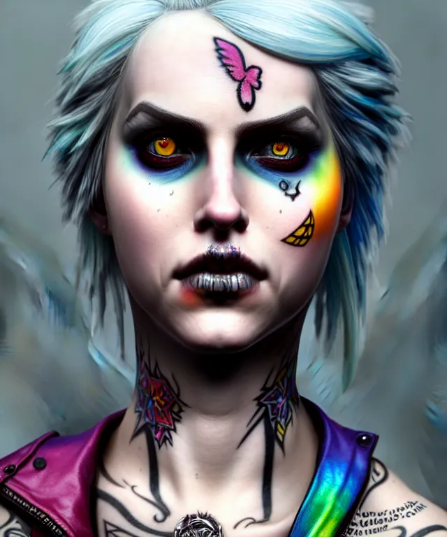 Prompt: ciri dressed as a punk, side buzzed, rainbow hair, tattoos, face piercings, beautiful, highly detailed face, true anatomy!, extremely detailed!, digital painting, unreal engine 5, art by tom bagshaw