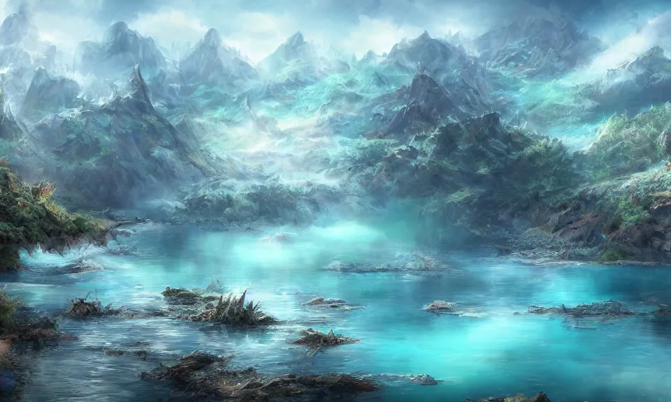 Image similar to crystalline turquoise lake, digital art, concept art, fantasy art, highly detailed, hd wallpaper, hdr, artstation, deviantart, behance