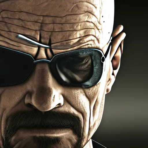 Prompt: walter white wearing an eyepatch and dressed as solid snake from metal gear, 4 k, hyper realistic, dslr, high resolution, landscape, beautiful