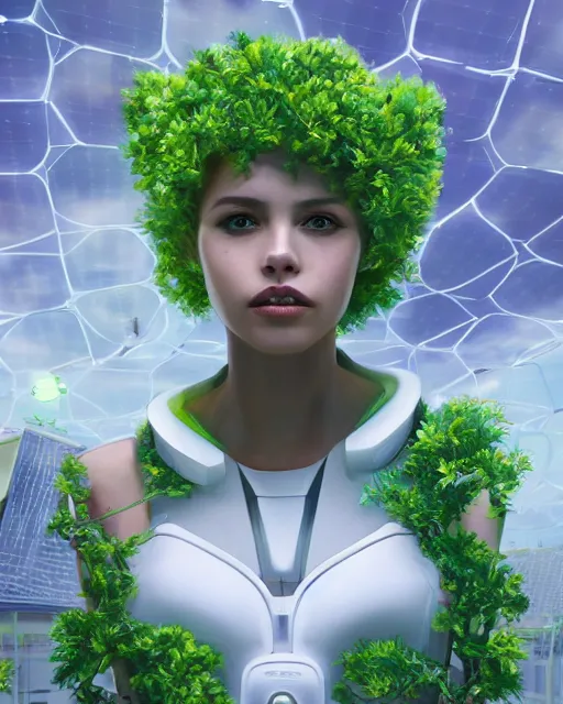 Image similar to beautiful girl!!!!, scifi, futuristic, bright light, highly detailed, concept art, green plants, research complex, school, white building, drones, solar panels, flowers, utopia, sharp focus, trending on artstation, intricate, atmosphere, sunny, art by roman makarenko, dzung phung dinh