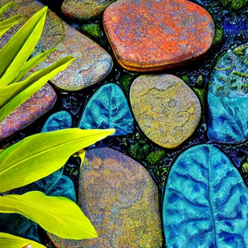 Prompt: tropical leaves, and flowery rocks closeup by rippling clear blue water, bright colorful, zen, minimalist, sunny environment, highly detailed, realistic, up close shot shinji aramaki, karol bak, alphonse mucha