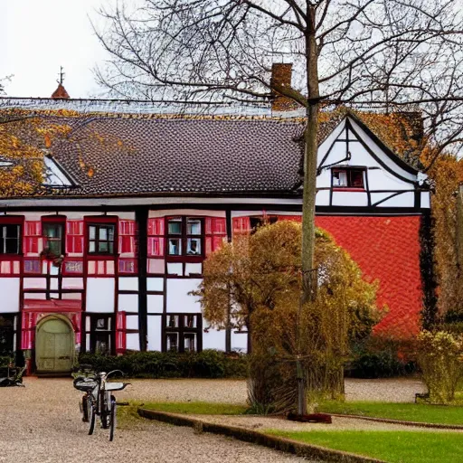 Prompt: 1 8 8 0 s big german farmhouse with a black roof, red bricks, hannover, lower saxony