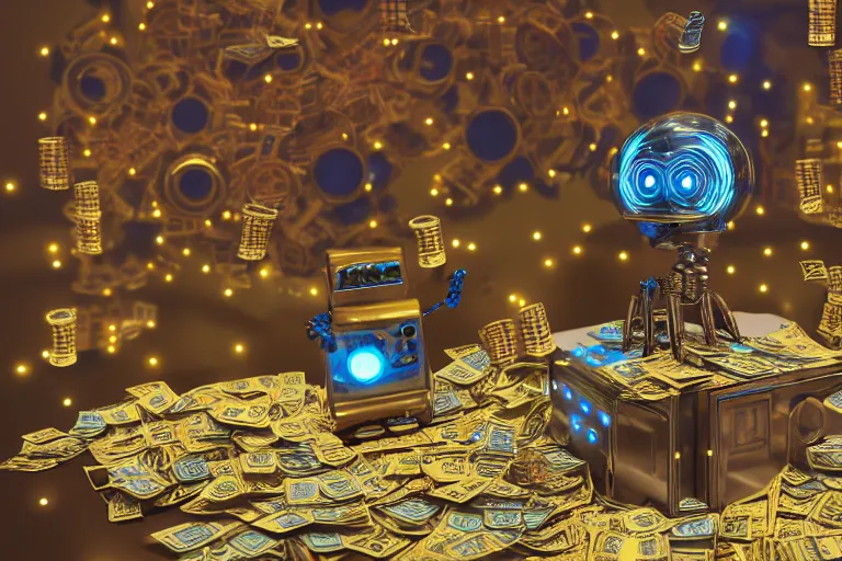 Image similar to photo of a golden and blue metal steampunk office robot with gears and tubes sitting in an office, on the office table and floor is a mountain of money bills, eyes are glowing red lightbulbs, moneybills all over the place, shiny crisp finish, 3 d render, 8 k, insaneley detailed, fluorescent colors, background is multicolored lasershow