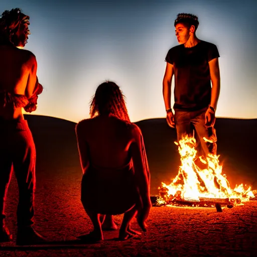 Prompt: atmospheric photograph of three fully clothed ravers, two men, one woman, photographed from behind, talking around a fire, photorealistic, dancefloor kismet, diverse costumes, clean composition, desert transition area, bonfire, night, australian desert, xf iq 4, symmetry, sony a 7 r, 1 5 0 mp, 5 0 mm