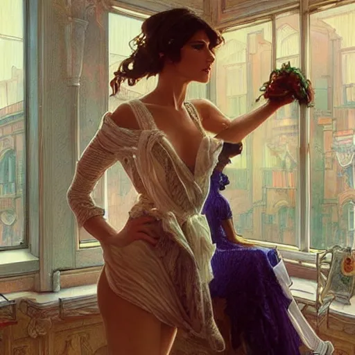 Prompt: Scene from Pretty Woman with crocheting figures. Elegant, intricate, digital painting, artstation, concept art, smooth, sharp focus, illustration, art by artgerm and greg rutkowski and alphonse mucha