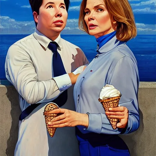 Prompt: portrait of michael mcintyre & a blonde fuller figured middle aged barbara bach from the bond film wearing blue dungarees and eating ice creams in porto, real life skin, intricate, elegant, highly detailed, artstation, concept art, smooth, sharp focus, art by artgerm and greg rutkowski and alphonse mucha