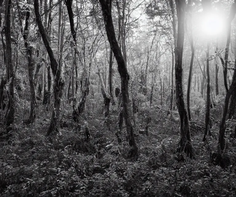 Image similar to a lush dense forest, glowing vines, black and white wildlife, moon shining, soft tones, highly detailed, 50mm