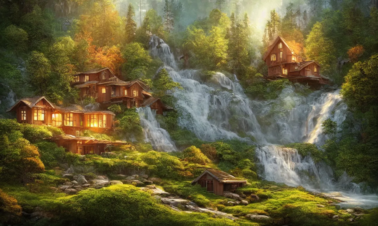 Image similar to scandinavian house in the forest on a hill, pixar, vector style, waterfall flows down from the mountain, vector art, fabulous, global illumination, warm lighting, by jordan grimmer