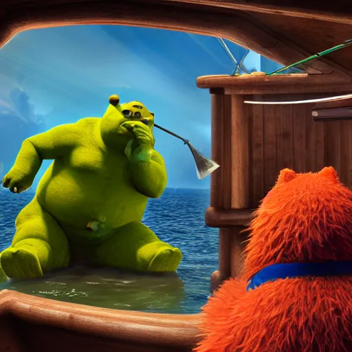 Image similar to life - sized gummi bear and shrek go deep sea fishing in a sportfisherman boat. the bear is fishing for swedish fish candy by using gummi worm candy as bait. photorealistic digital art, epic fantasy, dramatic lighting, cinematic, extremely high detail, cinematic lighting, trending, artstation, cgsociety, 3 d ue 5, 4 k, hq