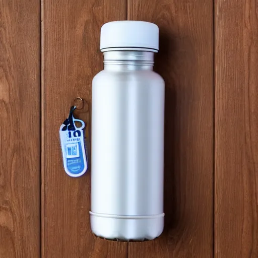 Image similar to A transparent 500ml water bottle filled with water up to half the total volume. It has a metal lid. It has a metal cap on the bottom part. It has a small carrier strap on top. White background. Product picture.