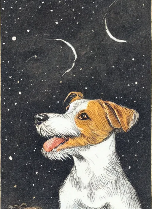 Image similar to candid portrait of jack russel dog sad mouth open, night sky, highly detailed, illustrated by peggy fortnum and beatrix potter and sir john tenniel