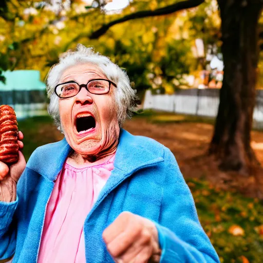 Image similar to elderly woman screaming at a sausage, canon eos r 3, f / 1. 4, iso 2 0 0, 1 / 1 6 0 s, 8 k, raw, unedited, symmetrical balance, wide angle